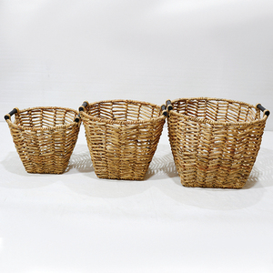 Wholesale Eco Friendly Water Hyacinth Storage <b>Basket</b> Set Woven Laundry <b>Hamper</b> with Black Handles - Product Image 3