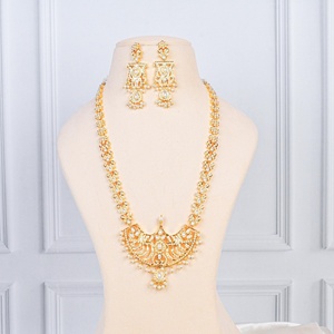 Pearl Long <b>Necklace</b> Haram Gold Plated South Indian Style Bridal <b>Necklace</b> and Earrings Wedding Jewelry Set Gift for Her - Product Image 1