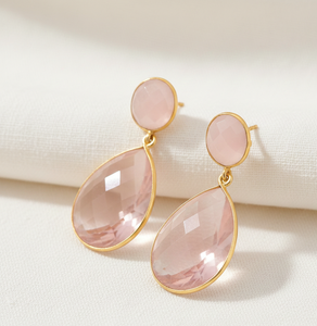 ต่างหูประดับพลอยสีชมพู |   เงินแท้ 925 ชุบทอง 18K |   พลอยรูปไข่และรูปลูกแพร์ |   ต่างหูแบบห้อยขนาด 5 นิ้ว 22 กรัม ของขวัญสำหรับเธอ - Product Image 5