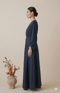 Vestido Maxi de Lino Personalizado para Mujer, Cuello en V, Manga Larga, Estilo Cruzado, Corte Regular, Transpirable, Uso Diario Informal, Estilo Vintage Natural - Product Image 5