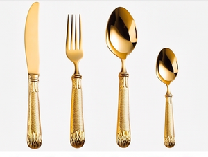 Elegant <b>Gold</b> Plated Metal Flatware Set With Textured Handles Knife Fork Spoon <b>Teaspoon</b> Dishwasher Safe Wedding Party Use - Product Image 1