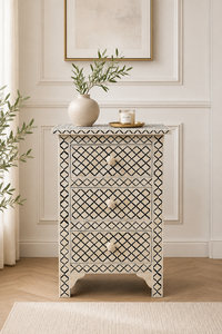 Decorative Bone Inlay Solid Wood Nightstand Handmade Bedside Table Three Drawer Storage <b>Cabinet</b> for Bedroom - Product Image 1
