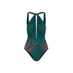 <b>Red</b> Halter Neckline Beaded Bodysuit Embroidered with Coral Shell Bodycon Fit Beaded Breathable Design Swimwear for Women's Wear - Product Image 2