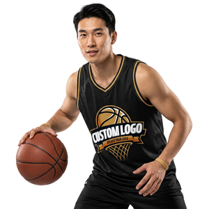 Maillot de basket-ball personnalisé sublimé noir et or, sans manches, col rond, unisexe, adulte, respirant, avec logo personnalisé imprimé sur le devant - Product Image 3