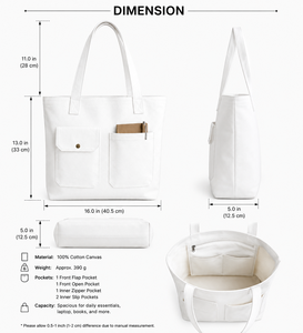 <b>White</b> Canvas Fashion Tote <b>Bag</b> 16 in with Front Pockets Customized Closure for Shopping & Travel - Product Image 2