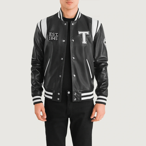 Men's Black PU Varsity <b>Jacket</b> Regular Fit Turn-Down Collar Button Closure Embroidered Letter J Patch Design Autumn Wear - Product Image 4