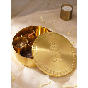 Handcrafted Pure Brass Masala Dabba Spice <b>Box</b> With Floral Embossed Lid 7 Detachable Compartment & Spoon Traditional Indian Spice - Product Image 1