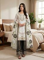 Ensemble haut, sharara et dupatta en soie pure avec broderies fantaisie et perles, manches longues, en micro-coton lourd, pour femmes