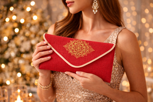 Pochette enveloppe en jute rouge avec broderie mandala dorée, sac à main de soirée écologique de créateur - Product Image 5