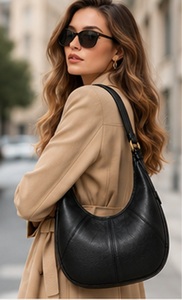 Sac à bandoulière Hobo en cuir véritable noir de qualité supérieure, style bohème, avec fermeture éclair, pour femme, élégant sac à main croissant, usage quotidien, OEM - Product Image 4