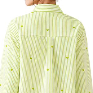 Camisa de Mujer a Rayas Verde Lima y Blanco, Blusa de Algodón de Manga Larga con Botones, Bordado de Corazón, Corte Holgado, Estilo Casual, Talla Grande - Product Image 6
