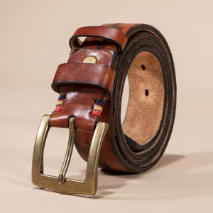 Casual Alloy Pin Buckle Hand Leather Belts Handmade Beaded men Genuine Cowhide Leather Belts - Product Image 3
