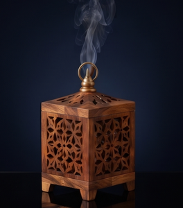 <b>Wooden</b> Incense Holder Lantern Censer Floral Lattice Cutout Brass Ring <b>Finial</b> Aromatherapy Gift - Product Image 1