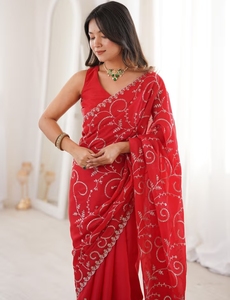 KV Women's Georgette <b>Red</b> Embellished Saree with Unstitched <b>Blouse</b> - Product Image 1