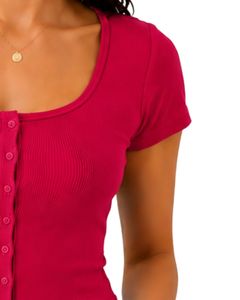 Custom Hot Pink Women Ribbed Knit <b>Crop</b> <b>Top</b> Short Sleeve Button Front Slim Fit Square Neck Casual Summer Cotton T Shirt Blouse - Product Image 4