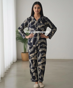 Conjunto de Pijama de Algodón Puro con Estampado Artesanal, Elegante y Lujoso, Hecho a Mano, con Estampado Tradicional de Guepardo, Ropa de Dormir para Mujer - Product Image 6