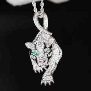 Rhodium Plated Alloy Panther <b>Pendant</b> With Diamond Accents And <b>Emerald</b> Eyes Classic Themed Charm Unisex Gift - Product Image 2