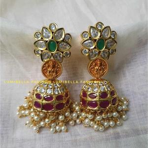 One Gram Gold Lakshmi Style Jhumka Earrings with Natural Freshwater Pearls for Wedding & Gift - Product Image 1