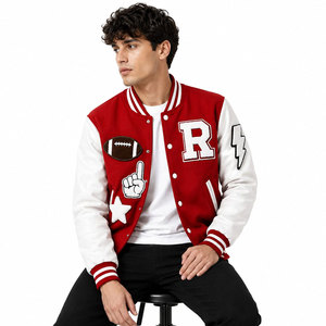 Red White Letterman <b>Jacket</b> With Applique R Football <b>Star</b> Lightning Design Full Sleeve Button Front Adult Casual Autumn Wear - Product Image 6