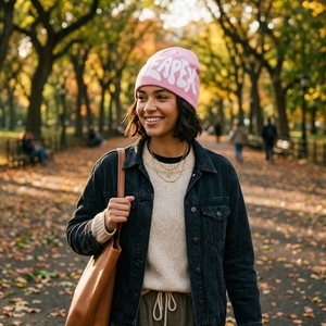 Custom Pink Knit Beanie Hat White Custom Logo Ribbed <b>Winter</b> <b>Cap</b> Unisex Streetwear Fashion Headwear Wholesale OEM Manufacturer - Product Image 3