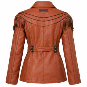 Abrigo de cuero genuino para mujer, estilo occidental, con cinturón y flecos, color óxido terracota, a medida, oferta de proveedor OEM - Product Image 2