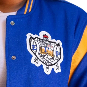 Veste universitaire en laine bleue avec patch brodé, coupe classique, style preppy, unisexe, vêtement d'hiver, coque extérieure en polyester respirant - Product Image 6