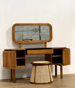 Table de toilette en teck avec miroir ovale et tabouret en rotin tressé pour chambre à coucher - Product Image 6