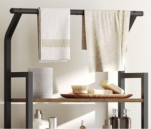 Modern Industrial Wood Metal Three-Layer Bathroom Storage <b>Rack</b> with Hanging Rod 6 Hooks Foldable Waterproof Space Saving <b>Shelf</b> - Product Image 5