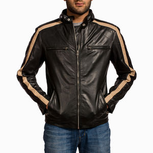 Chaqueta de Cuero Genuino Negra para Hombre, Chaqueta de Motociclista con Rayas Beige, Chaqueta de Cuero Ajustada, Fabricante Personalizado - Product Image 6