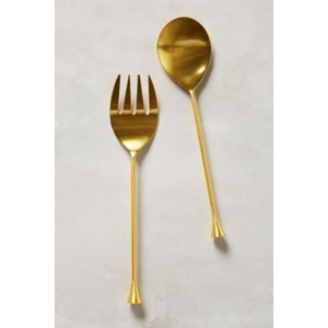 Elegante juego de cuchara y tenedor para servir, ecológico, hecho a mano, dorado, para ensalada, de acero inoxidable y latón. - Product Image 1