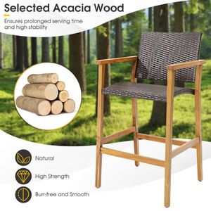 Lot de 2 chaises de bar en osier PE avec accoudoirs en bois d'acacia - Product Image 2
