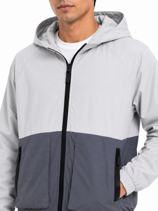 <b>Men's</b> Lightweight Puffer Hooded Windbreaker <b>Jacket</b> Two-Tone <b>White</b>/Grey Color Block Full-Zip Outdoor Adjustable Hood - Product Image 4