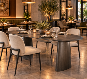 Modern Oval Solid Wood <b>Dining</b> <b>Table</b> Dark Charcoal Finish Sculptural Pedestal Base Contemporary Restaurant <b>Dining</b> <b>Table</b> - Product Image 1