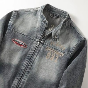 Chaqueta vaquera vintage personalizada para hombre, con cuello alto y cremallera, estilo casual, OEM, ropa de calle, moda, prenda exterior. - Product Image 3