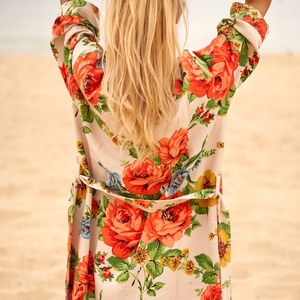 High Quality Women's Creamy Floral Kaftan 100% Silk Chiffon Knee-Length Elastic Waist <b>Loose</b> <b>Dress</b> Sleeves Custom - Product Image 6