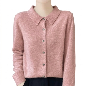 Custom Wholesale <b>Vintage</b> Wool Women's Fitted Ribbed Style <b>Cardigan</b> Sweater with Flutter Sleeves for Casual Winter Fashion - Product Image 4