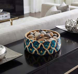 Cuenco decorativo bohemio con patrón geométrico azul y dorado hecho a mano, plato redondo de madera para servir, para decoración del hogar. - Product Image 4