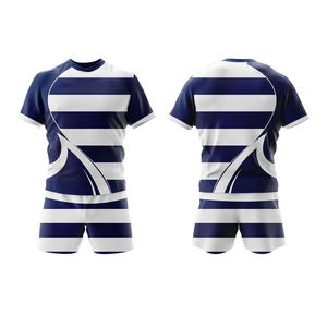 Ensemble de maillot de rugby rayé bleu marine et blanc pour homme, manches courtes, col rond, évacuation de l'humidité, coupe athlétique, toutes saisons - Product Image 1