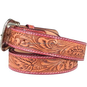 Cinturón de herramientas de cuero occidental de moda para hombre tallado a mano y pintado con grabado de hoja personalizado con hebilla de pasador de latón antiguo de diseñador - Product Image 3