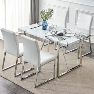 Tavolo da Pranzo Moderno Rettangolare in Finto Marmo da 55 Pollici per 4 Persone, per Casa, Ufficio e Soggiorno - Product Image 1