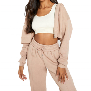 Ensembles de survêtements unisexes personnalisés brodés, en coton molletonné rose, avec sweat à capuche zippé pour femme - Product Image 4