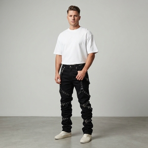Jean en denim gothique pour homme, taille haute, coupe droite, avec broderie latérale à lacets, coupe classique, en coton délavé, style automne - Product Image 5
