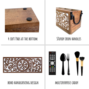 Organisateur de couverts en bois à 3 compartiments avec poignées métalliques, style rustique pour cuisine, vente en gros - Product Image 2