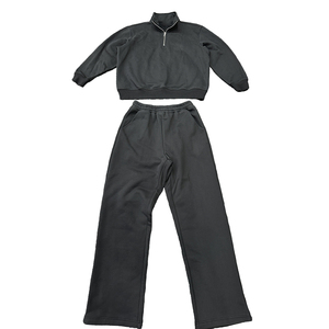 Conjunto de Sudadera de Forro Polar Negro Sólido de 320g con Cremallera de Cuarto para Hombre, Anti-Pilling, Manga Larga, Casual, y Pantalones de Chándal de Pierna Recta para Invierno - Product Image 1