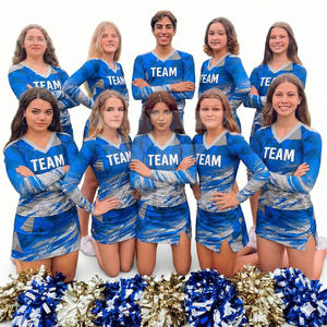 Conjuntos de entrenamiento de alta calidad para porristas, ropa de práctica azul, sujetador deportivo y pantalones cortos con brillantina y pedrería. - Product Image 1