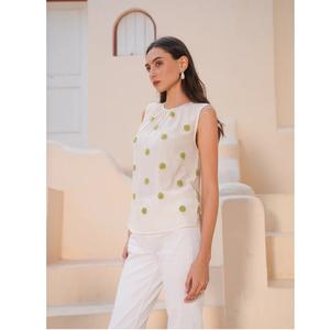 Chaleco Bordado Beige de Diseño Elegante, Top de Poliéster con Cuello Barco, Ropa Casual para el Día a Día, para el Hogar, Viajes y un Estilo Cómodo - Product Image 1