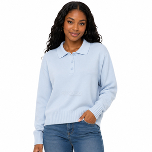 Cosh International Sorority Sisterhood Acrylic <b>Light</b> Blue Knitted Long Sleeve Polo Sweater Casual Button-Up Collar Top Full - Product Image 3