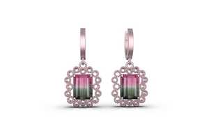 Boucles d'oreilles pendantes en tourmaline pastèque or 14 carats, taille émeraude, bijoux fins de luxe, élégantes, cadeau pour femme - Product Image 6