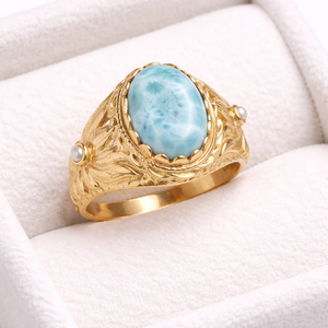 Anillo de declaración ovalado de larimar natural con engaste de latón, hecho a mano, estilo vintage, para mujer, al por mayor - Product Image 4