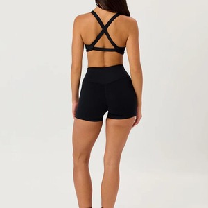 Ensemble de shorts de yoga taille haute sans coutures, col rond, dos nu, longueur intégrale, noir uni, en Spandex et Polyester, deux pièces, pour femme, tenue de sport - Product Image 6